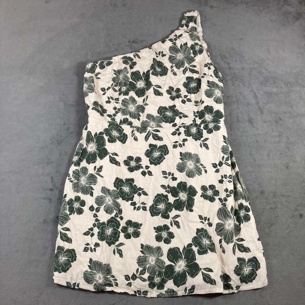 Abercrombie & Fitch Green Floral Linen Blend One Shoulder Mini Dress Large